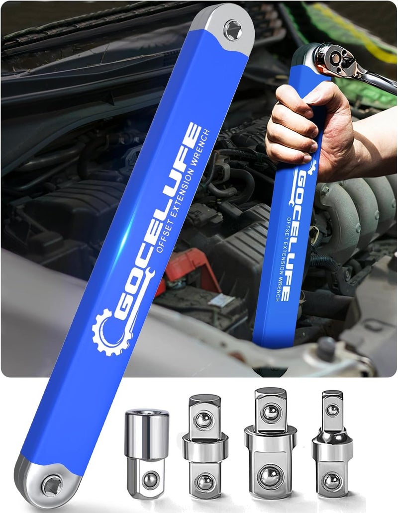 Gocelufe Offset Extension Wrench Impact - Tight Reach Wrench Set with Universal Square Drive Adapters (1/4", 3/8", 1/2") - Ideal for Tight Spaces - Unique Stocking Stuffers for Mechanics (Blue) - Image 1